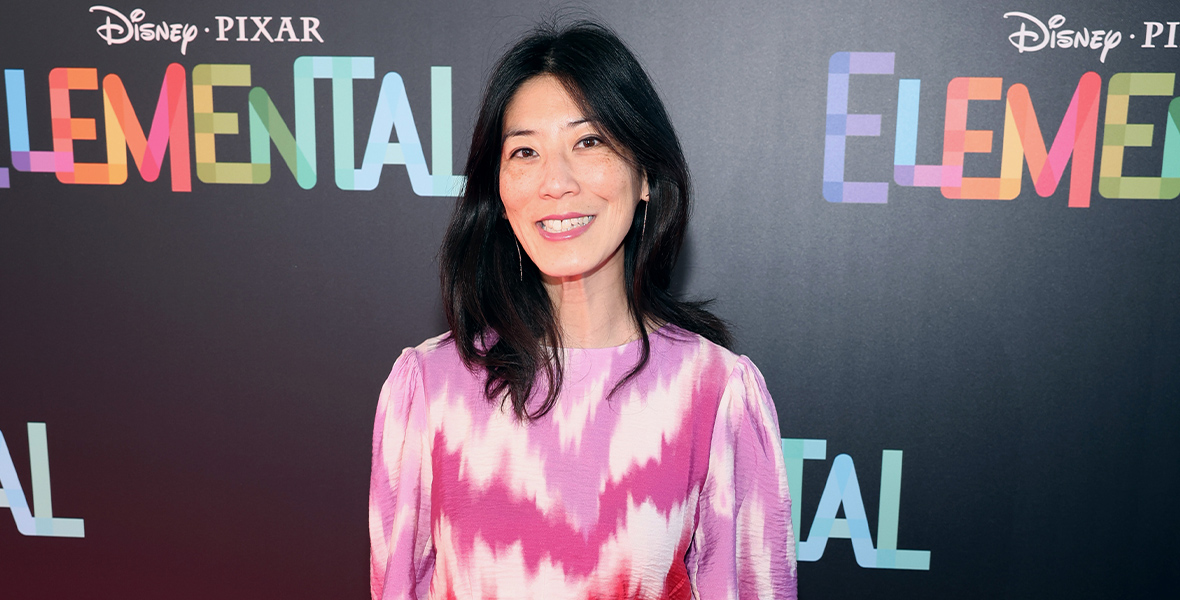 Screenwriter Brenda Hsueh poses in front of the Elemental step and repeat at the film’s premiere.