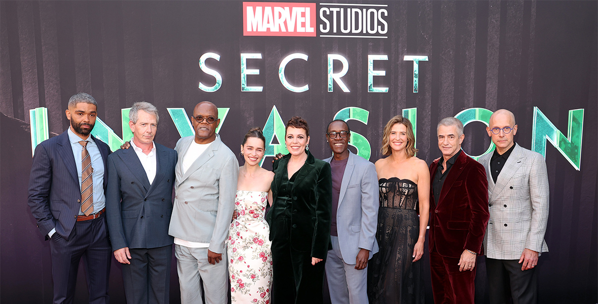 From left to right: Kingsley Ben-Adir, Ben Mendelsohn, Samuel L. Jackson, Emilia Clarke, Olivia Colman, Don Cheadle, Cobie Smulders, Dermot Mulroney, and Ali Selim attend the Secret Invasion launch event at the El Capitan Theatre in Hollywood.