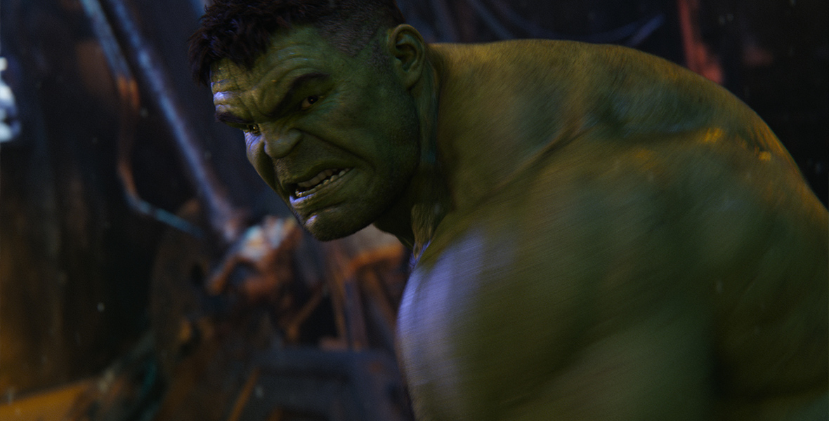 The Hulk sneers in a scene from Avengers: Infinity War.