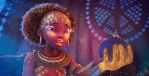 A character from Kizazi Moto: Generation Fire holds a purple plant.