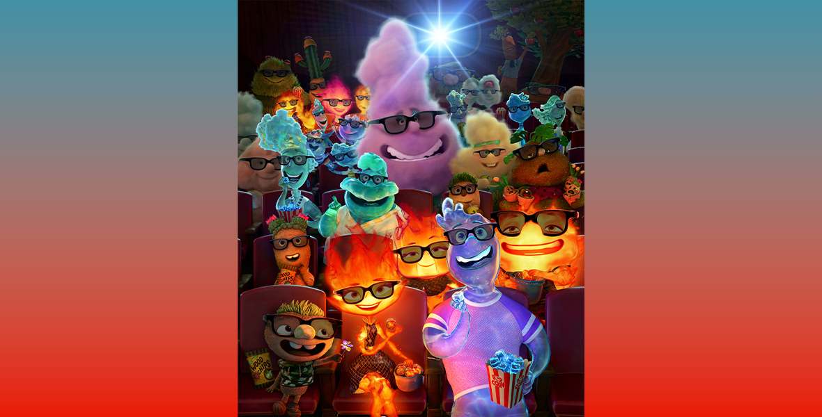 In this theatrical poster for Disney and Pixar’s Elemental, Ember, a Fire person (voiced by Leah Lewis), in the front left, and Wade, a Water person (voiced by Mamoudou Athey), in the front right, sit in the front row of a theater with many characters from Elemental behind and around them. Included in the crowd, directly behind Ember and Wade, are Ember’s parents, Bernie and Cinder (voiced by Ronnie Del Carmen and Shila Ommi, respectively). Everyone is smiling and wearing 3-D glasses; Ember and Wade are eating theater snacks.