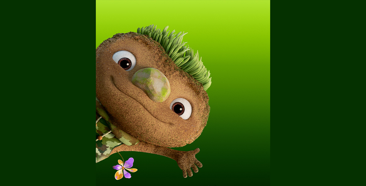 In this theatrical poster for Disney and Pixar’s Elemental, Clod (voiced by Mason Wertheimer), an Earth person, pops into the frame from the left. He has green grass for hair, a green nose, and a leafy shirt. He’s waving with his left arm, and a purple flower grows out of his armpit.