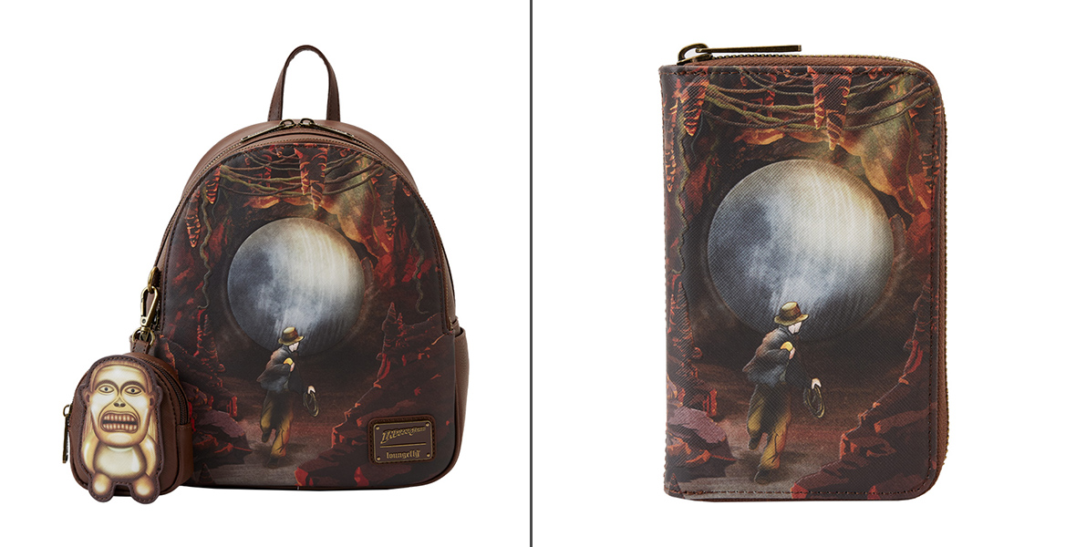 A backpack and zip wallet both featuring an illustration of the scene of Indiana Jones running from the boulder from Indiana Jones and the Raiders of the Lost Ark. The backpack also features a charm on the zipper that is illustrated to look like the golden idol from earlier in the film’s opening sequence.