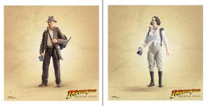 Action figures of Indiana Jones and Helena Shaw as they appear in Indiana Jones and the Dial of Destiny. Both figures are against a background styled like a vintage map.