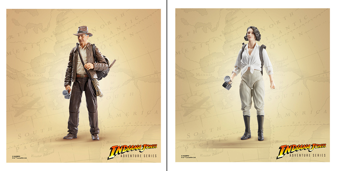 Action figures of Indiana Jones and Helena Shaw as they appear in Indiana Jones and the Dial of Destiny. Both figures are against a background styled like a vintage map.