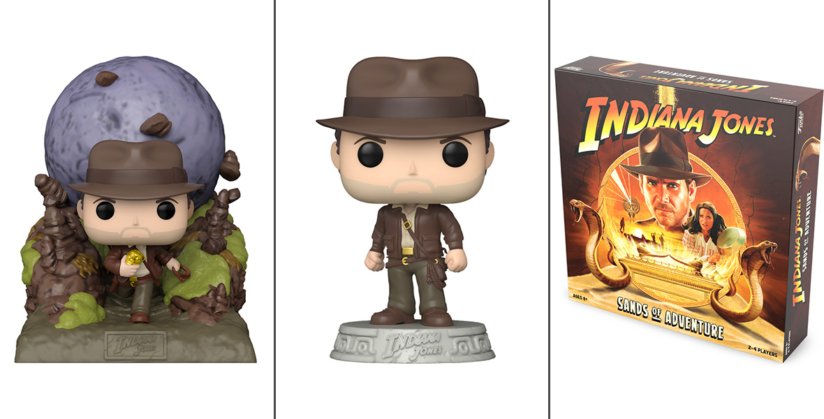 Left: A Funko Pop! Vinyl figure depicting the opening sequence of Indiana Jones and the Raiders of the Lost Arkwhere Indy runs away from a boulder. Middle: A Funko Pop! Vinyl figure depicting Indiana Jones in his classic outfit and fedora. Right: A board game titled Indiana Jones: Sands of Adventure. The box art features the film series’ logo along with an illustration of golden cobras, Indiana Jones himself, and Marian Ravenwood.