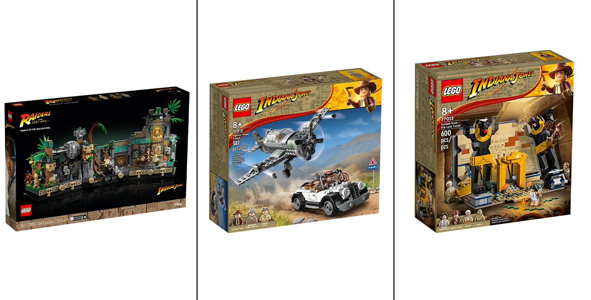 Three LEGO sets inspired by Indiana Jones films: The first features the boulder chase sequence from Indiana Jones and the Raiders of the Lost Ark; the second scene features the airplane chase from later in the film; the final set depicts Indy and Marian trapped inside a lost tomb with snakes and Anubis statues.