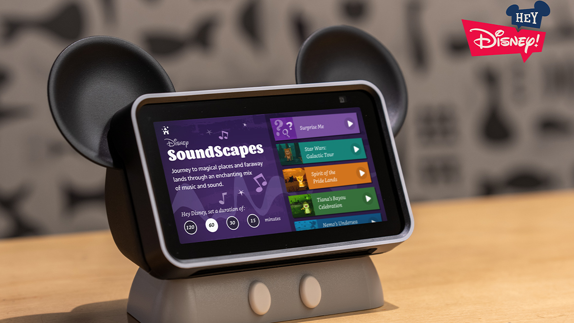A close-up of the Hey Disney! device, featuring the purple screen for “Soundscapes.”