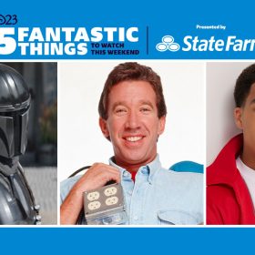 Left: In an image from Star Wars: The Mandalorian, Mando (portrayed by Pedro Pascal) can be seen in his helmet and armor. Middle: In a promotional image from ABC’s Home Improvement, Tim Allen as Tim “The Tool Man” Taylor is wearing a light denim button-down shirt and is smiling at the camera. Over his left shoulder he’s holding a square power strip. Right: In a promotional image for Freeform’s grown-ish, star Marcus Scribner is wearing a red track suit—with a white stripe down the arm that features small green leaves—and a white T-shirt.