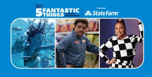 Left: In an image from Avatar: The Way of Water, Tuk (Trinity Bliss) is seen swimming under water surrounded by other small swimming creatures. Sunlight is streaming in from above. Middle: In an image from Flamin’ Hot, Richard Montañez (Jesse Garcia) stands next to a shelving unit full of bags of Frito Lay chips inside a grocery store. There is a hand trolley near him, and he’s wearing a shirt with a Frito Lay logo patch on it. Right: A promotional image of Raven-Symoné from Disney Channel’s Raven’s Home. She is wearing a black and white checkered crop top and pants, and her right arm is up in the air.