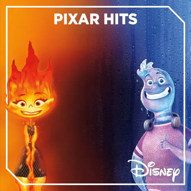 In a square image, Ember (left) and Wade (right) from Disney and Pixar’s Elemental are seen. Ember is a Fire person; her hair is made up of flames, as is the rest of her body, and she’s wearing a dark checkered dress. Wade is a Water person; he’s wearing a red shirt and has a pair of headphones around his neck. They’re both smiling. The background matches each character, as it morphs from orange on the left to blue on the right. Above the characters, towards the top of the image, are the words “Pixar Hits,” and at the bottom right of the image is the “Disney” logo.