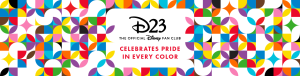 In celebration of Pride Month, the D23: The Official Disney Fan Club logo, at center, is surrounded by graphic fractals and four-cornered star shapes in every color of the rainbow. Below the logo are the words “Celebrate Pride in Every Color.”