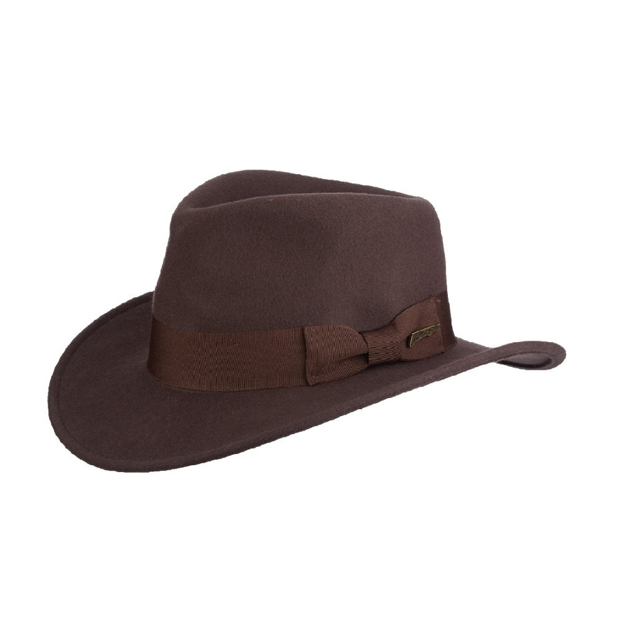A brown fedora, similar to the style Harrison Ford wears in the Indiana Jones films.