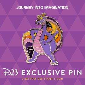 Photo of the D23-Exclusive Ultimate Figment Fan Pin—Limited Edition, featuring everyone’s favorite inhabitant of the Imagination Pavilion, Figment! The purple dragon Figment is framed by a colorful wavy background on the pin. The backer is designed with a geometric purple pattern, inspired by the Imagination Pavilion in EPCOT.