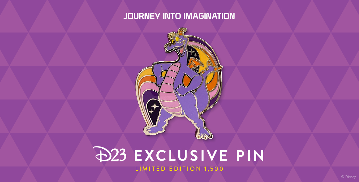 Photo of the D23-Exclusive Ultimate Figment Fan Pin—Limited Edition, featuring everyone’s favorite inhabitant of the Imagination Pavilion, Figment! The purple dragon Figment is framed by a colorful wavy background on the pin. The backer is designed with a geometric purple pattern, inspired by the Imagination Pavilion in EPCOT.