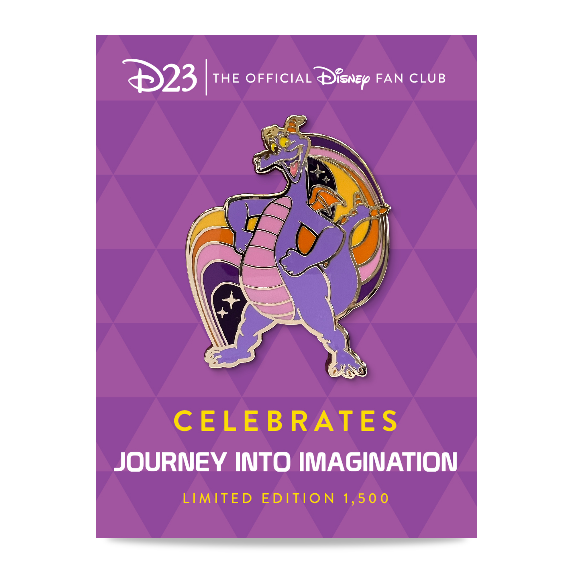 Photo of the D23-Exclusive Ultimate Figment Fan Pin—Limited Edition, featuring everyone’s favorite inhabitant of the Imagination Pavilion, Figment! The purple dragon Figment is framed by a colorful wavy background on the pin. The backer is designed with a geometric purple pattern, inspired by the Imagination Pavilion in EPCOT.