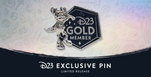 Photo of the D23-Exclusive 2023 Gold Member Specialty Pin—Limited Release, featuring a miniature likeness of our 2023 D23 Gold Member Gift—the Mickey Mouse “Leader of the Club” Milestone Statue. It also features text reading D23 Gold Member. The backer card is also inspired by the platinum finishes of the Disney 100 Celebration.