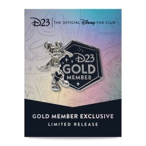 Photo of the D23-Exclusive 2023 Gold Member Specialty Pin—Limited Release, featuring a miniature likeness of our 2023 D23 Gold Member Gift—the Mickey Mouse “Leader of the Club” Milestone Statue. It also features text reading D23 Gold Member. The backer card is also inspired by the platinum finishes of the Disney 100 Celebration.