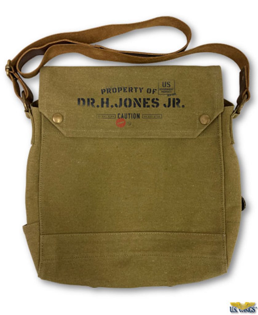 A brown satchel-style bag against a white background. Printed on the top flap of the bag is “Property of Dr. H. Jones, Jr.” along with a “CAUTION” stamp.