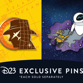 A split-screen image depicts two D23 Member exclusive pins. On the left is a new pin honoring the film Indiana Jones and the Dial of Destiny. On the right is a pin commemorating the fifteenth anniversary of Disney and Pixar’s Wall-E.