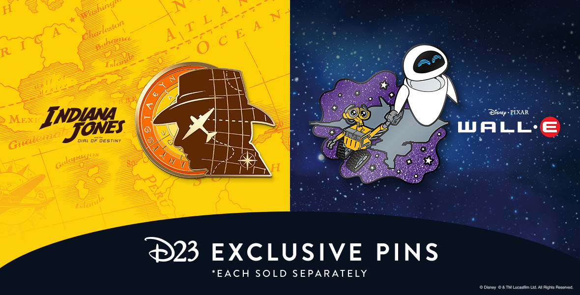 A split-screen image depicts two D23 Member exclusive pins. On the left is a new pin honoring the film Indiana Jones and the Dial of Destiny. On the right is a pin commemorating the fifteenth anniversary of Disney and Pixar’s Wall-E.