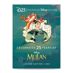 Artwork for D23-Exclusive Mulan Pin, featuring Mulan as Ping, Mushu, and even lucky Cri-kee! It comes on a colorful backer card inspired by the Fa Family Garden, where Mulan reflected on who she was inside.