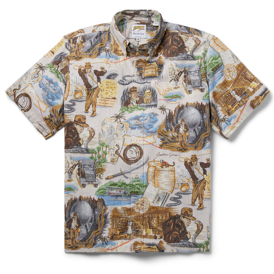 A tan, button-down shirt with hand-illustrated art depicting classic scenes from the film Indiana Jones and the Raiders of the Lost Ark, including imagery of Indiana Jones using his whip and running from a boulder.