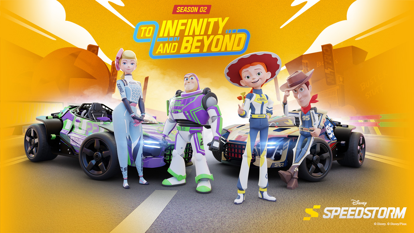 Bo Peep, Buzz Lightyear, Jessie, and Woody all wear racing uniforms while standing in front of two racecars, colored like Buzz and Woody. Text above the characters says, “Season 02: To Infinity and Beyond.”