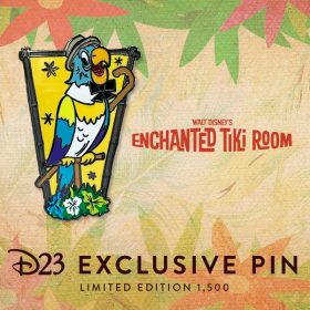Artwork for D23 Exclusive Tiki Room 60th Anniversary Pin, featuring one of the original parrot personalities, Juan the Barker Bird, standing ready with his barker hat and cane on a bamboo perch.