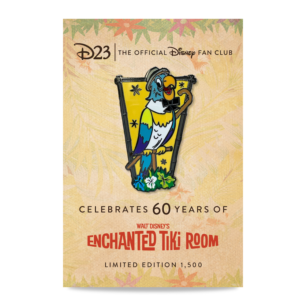 Artwork for D23 Exclusive Tiki Room 60th Anniversary Pin, featuring one of the original parrot personalities, Juan the Barker Bird, standing ready with his barker hat and cane on a bamboo perch.