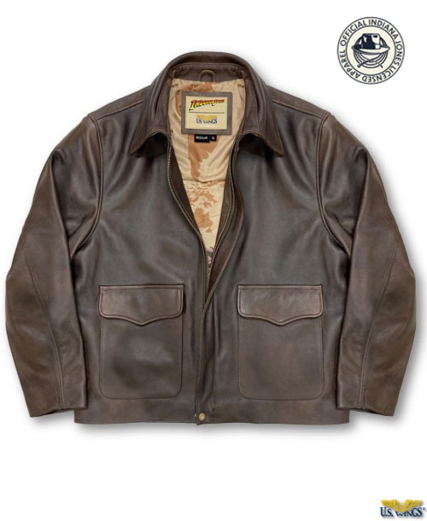 A brown leather jacket against a white background. The jacket is unzipped so that the inside lining—a tan map—can be seen.