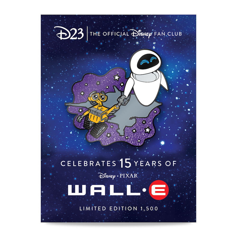 The D23 Member exclusive pin commemorating the fifteenth anniversary of Disney and Pixar’s Wall-E is depicted. The pin depicts the characters EVE and WALL-E dancing in space. Behind them is a silhouette of the Axios spaceship and behind that is a star field.