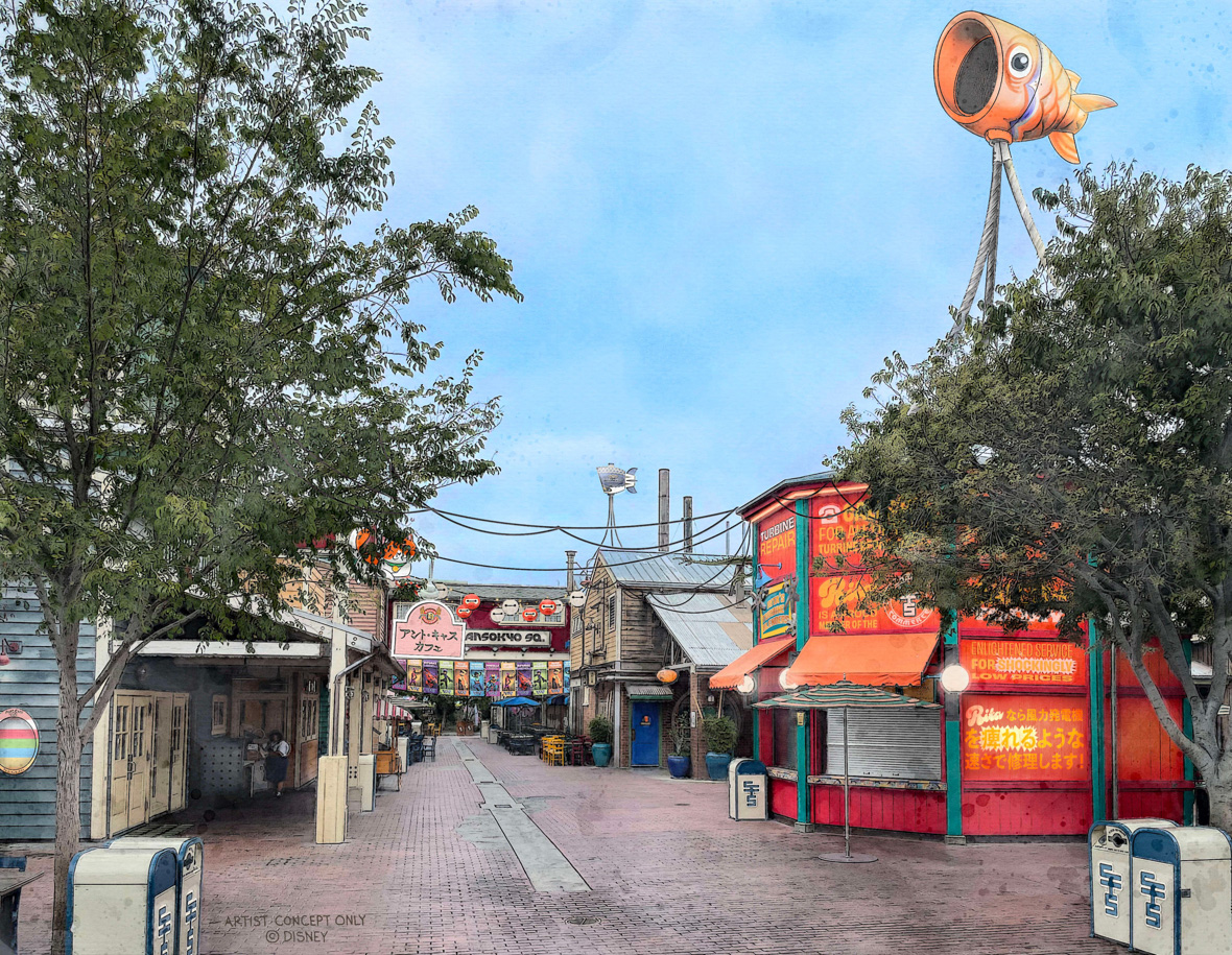 In this artist’s rendering of part of the new San Fransokyo Square area of Disney California Adventure at Disneyland Resort, a red building, called Rita’s Turbine Blenders, features a koi fish turbine on top of it. A walkway beside the building leads to more buildings in the distance, with signs in Japanese and English. 
