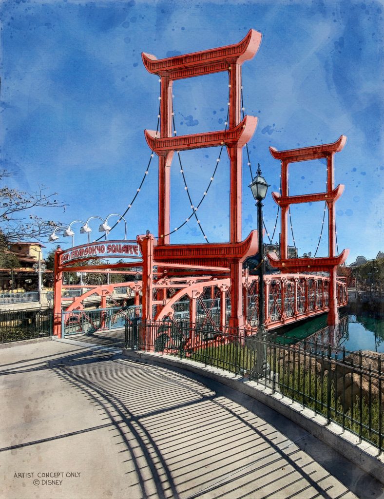 In this artist’s rendering of part of the new San Fransokyo Square area of Disney California Adventure at Disneyland Resort, the red San Fransokyo Gate Bridge hovers over a body of water and a sign on it reads “San Fransokyo Square.”