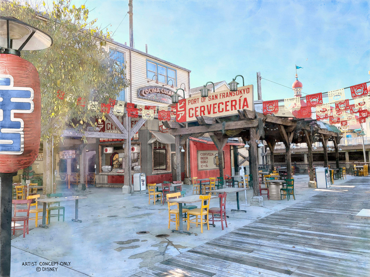 In this artist’s rendering of part of the new San Fransokyo Square area of Disney California Adventure at Disneyland Resort, green, red, and yellow chairs and wooden tables sit under an overhang of a building with a sign reading “ Port of San Fransokyo Cervecería.”