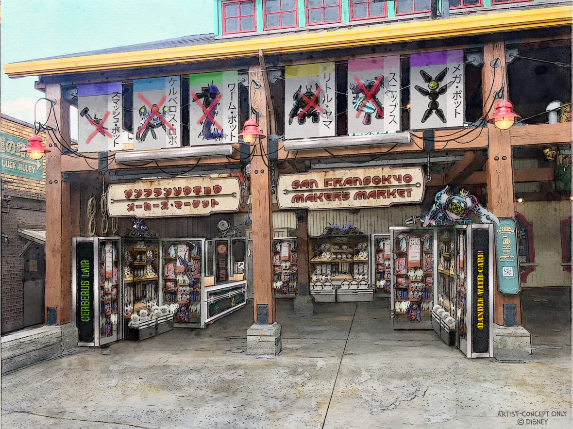 In this artist’s rendering of part of the new San Fransokyo Square area of Disney California Adventure at Disneyland Resort, a storefront shows a variety of merchandise such as Baymax plushies. There are posters above the store that show robots with red X’s over them. A sign reads “San Fransokyo Maker’s Market” and is also written on another sign in Japanese.