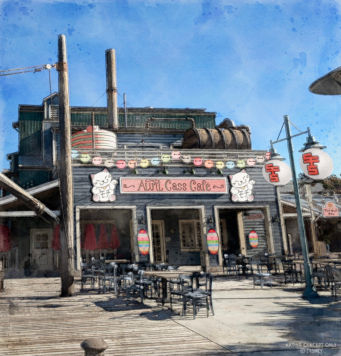 In this artist’s rendering of part of the new San Fransokyo Square area of Disney California Adventure at Disneyland Resort, a building with a pink sign reading “Aunt Cass Cafe” sits on a wooden deck with black chairs and brown tables outside. Images of two white cats are on either side of the sign, smiling, and colorful lanterns line the roof with Baymax’s face on them.