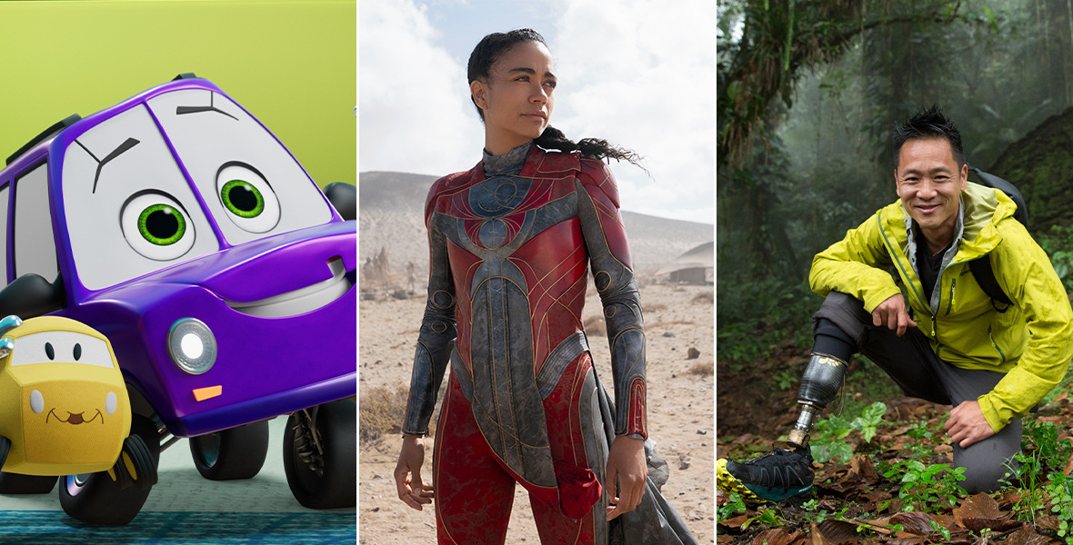 Left: In a scene from an episode of Firebuds, a small, purple vehicle with a cleft hood gives a thumbs up and holds a yellow car toy with a cleft hood. Center: Actress Lauren Ridloff (left) plays Makkari in Marvel Studios’ Eternals. She wears a red and gray suit, etched with gold symbols, and her hair is in a loose braid. She is standing in the desert on a sunny day and looking to her left. Native people are seen faintly in the background. Right: Dr. Albert Lin wears a yellow rain slicker and hiking gear and smiles directly into the camera as he crouches down amid a lush, verdant landscape in Ciudad Perdida, Colombia.