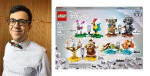 Two images, side by side, depict LEGO designer Illia Gotlib, on the left, and the box art for the Disney Duos LEGO set, on the right. Illia Gotlib is wearing a dress shirt with thin blue stripes and a blue and red bow tie. He sports black-rimmed glassed and is smiling. The LEGO box art depicts the LEGO figures for pairs of characters from the Walt Disney Animation Studios features Moana, Pocahontas, Beauty and the Beast, and Finding Nemo.