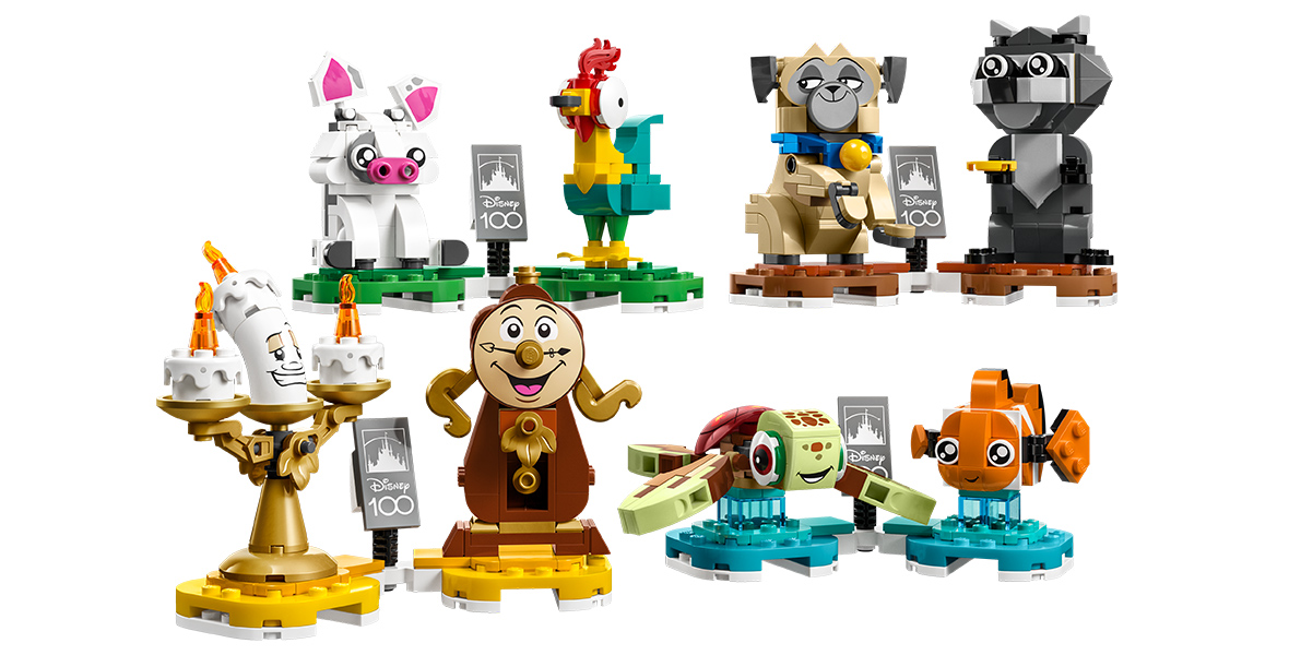The four LEGO Disney Duo sets, photographed against a white background. The sets include LEGO depictions of Pua and Hei Hei from Moana, Percy and Meeko from Pocahontas, Lumiere and Cogsworth from Beauty and the Beast, and Squirt and Nemo from Finding Nemo.