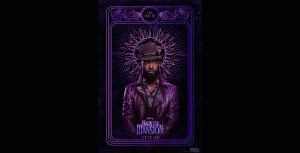 In a promotional image from Disney’s Haunted Mansion that looks like a tarot card for “The Sun,” Ben (LaKeith Stanfield) is seen wearing a purple fedora and purple leather jacket, with a purple depiction of the sun and its rays behind his head, all set against a black background. He is looking quizzically to his right. The logo for the film is at the bottom of the image, along with the date of the film’s release.