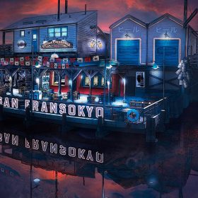 In this artist’s rendering of part of the new San Fransokyo Square area of Disney California Adventure at Disneyland Resort, a blue and red building sits along the water at night with a glowing neon sign reading “Port of San Fransokyo.” The building and sign are reflected in the water.