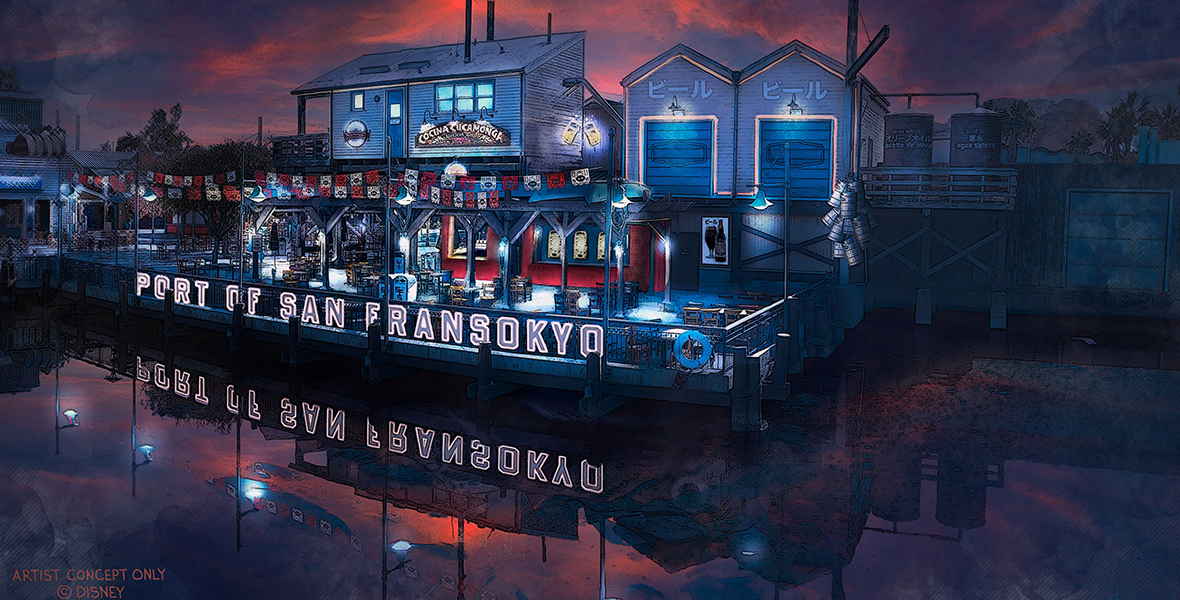 In this artist’s rendering of part of the new San Fransokyo Square area of Disney California Adventure at Disneyland Resort, a blue and red building sits along the water at night with a glowing neon sign reading “Port of San Fransokyo.” The building and sign are reflected in the water.
