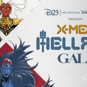 The logo for the X-Men Hellfire Gala, which consists of three character images formatted together to create an “X” with negative space surrounding them. The characters include Storm, Colossus, and Mystique, all dressed in formalwear. Beside the characters is the text “D23 The Official Disney Fan Club Presents X-Men Hellfire Gala” on a grey background. The name of the event is presented in blocky, stylized text with the word “X-Men” in gold, and the remaining title in blue.