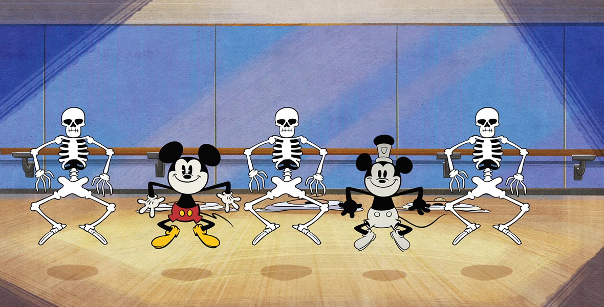 Mickey Mouse, wearing red shorts and yellow shoes, dances next to a black and white Mickey Mouse (inspired by Steamboat Willy) and three skeletons (inspired by The Skeleton Dance) in a scene from The Wonderful World of Mickey Mouse: "Steamboat Silly."