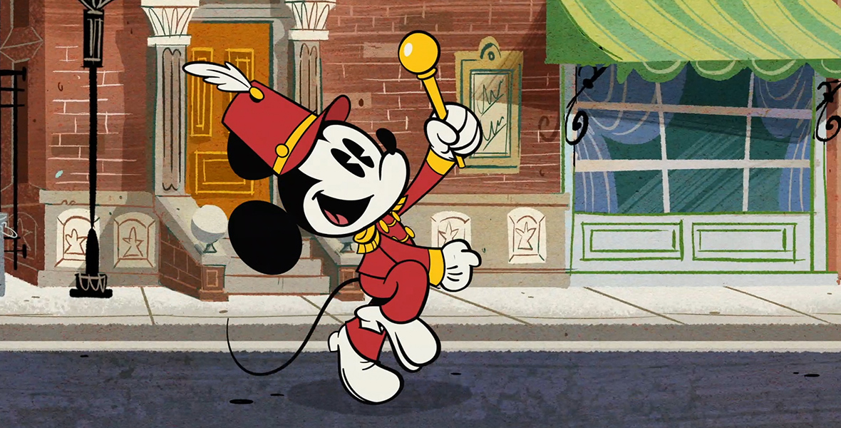 Mickey Mouse parades down the street wearing a red and gold bandleader uniform in a scene from TheWonderful World of Mickey Mouse short "Steamboat Silly."After more than 120 episodes, the Mickey Mouse shorts are coming to an end, but its impact is undeniable. The shorts have won multiple Emmy® and Annie Awards, been screened at the Venice Film Festival, and led to Mickey & Minnie’s Runaway Railway at Disney’s Hollywood Studios in Florida and Disneyland Park in California—Mickey’s first Disney Parks ride-through attraction.