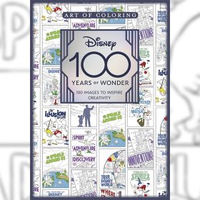The cover of Art of Coloring: Disney 100 Years of Wonder, which features coloring page versions of the gallery posters from Disney100: The Exhibition