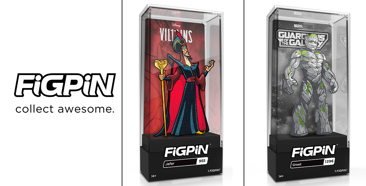 A split image: On the left, the FiGPiN logo, which features the name in a white font with a black outline, along with the tagline “Collect Awesome.” On the right, two FiGPiNs are featured, one of Jafar and one of Groot as he appears in Guardians of the Galaxy Vol. 3