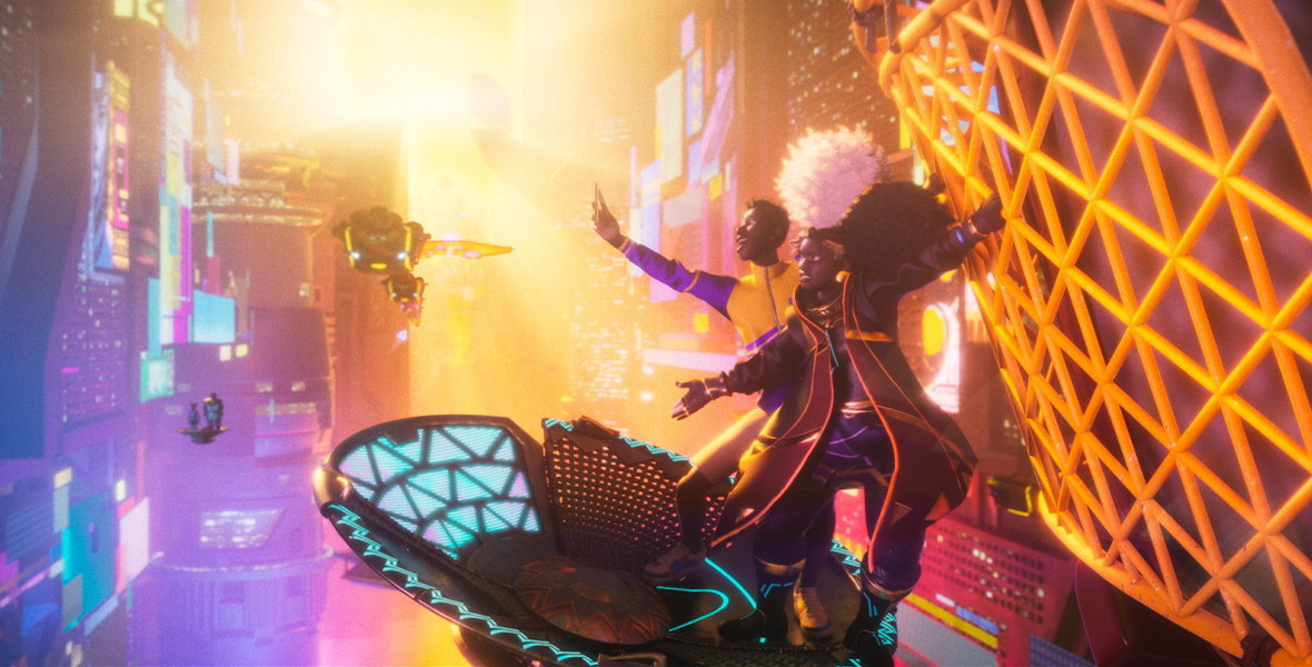 An image from the animated short film Mukudzei, directed by Pious Nyenyewa & Tafadzwa Hove of Zimbabwe, and part of the new anthology series Kizazi Moto: Generation Fire on Disney+. Two characters dressed in futuristic outfits are standing on a floating disc in an equally futuristic-looking cityscape; they’re both holding onto an orange grid-shaped structure to their right. The entire image is saturated in deep blue, purple, yellow, and orange tones.