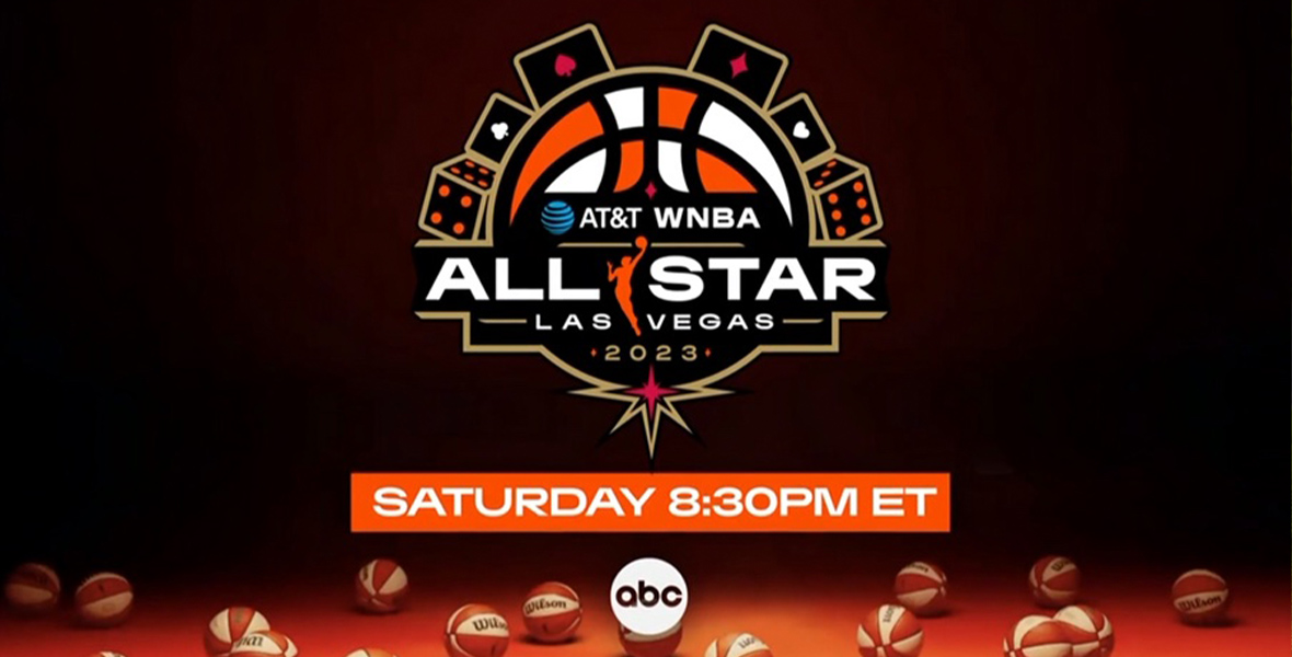 A promotional image for the 2023 AT&T WNBA All-Star Game on ABC. The logo for the game features dice and playing cards—as it’s taking place in Las Vegas, Nevada—surrounding a depiction of the orange and white WNBA basketball. Underneath the game logo are the words “Saturday, July 15, 8:30PM ET.” At the bottom of the image, on the “floor,” are more orange and white basketballs strewn about. Everything is set against a black background.